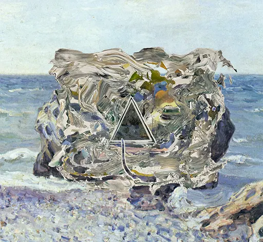 An artwork from the Subimpressionism collection on TransientLab by Treeskulltown. The image depicts a serene coastal scene featuring gentle waves lapping against a pebbled beach under a pastel blue sky. In the foreground, an abstract, textured overlay disrupts the natural landscape, characterized by dynamic brushstrokes and a vibrant color palette that includes shades of white, blue, green, and yellow. A prominent white triangle, symbolizing a focal point, is centrally positioned within the chaotic texture, creating a striking contrast with the tranquil background. This composition blends impressionism with contemporary art, inviting viewers to contemplate the relationship between nature and artistic expression. Ideal for art enthusiasts and those exploring innovative interpretations of marine landscapes.