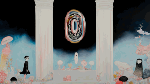 The image evokes a space that is both mystical and dreamlike, where classical architectural elements, such as large pillars, blend with a subreal atmosphere. At its center, a circular void, both mysterious and intriguing, seems to radiate a light that transcends the surroundings. This void may symbolize the origin of perception and the first breath of life, a metaphor for emerging consciousness.
The floating figures, with their stylized silhouettes, evoke innocence and childlike curiosity, while the organic motifs, such as shapes reminiscent of corals or mushrooms, suggest a teeming biodiversity. Pastel colors, ranging from soft pinks to deep blues, create a dreamlike atmosphere, where light plays a central role, illuminating each element in a way that evokes both warmth and reflection.
The juxtaposition of classical architecture and organic elements emphasizes the duality between the built and the natural, the tangible and the ethereal. Each movement in this scene becomes a visual dance where emotions and memories overlap, creating a rich palimpsest that invites the viewer into deep introspection.
This first piece, symbolizing the first day of Genesis, embodies both the emergence of light and the emergence of consciousness, setting the stage for the explorations of the following days, which will address the themes of water, earth, and living creatures.