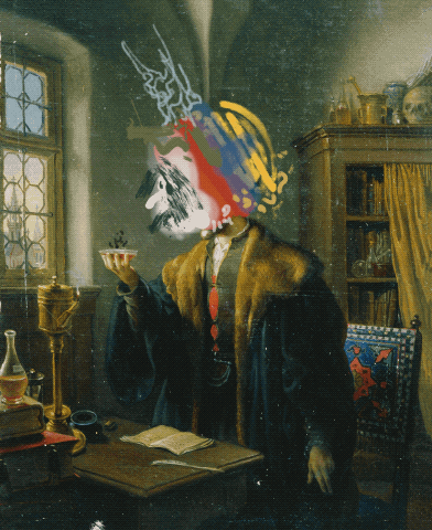 Animated artwork of a scholar with abstract, colorful strokes replacing the face, blending classical and modern styles, NFT masterpiece on Tezos blockchain