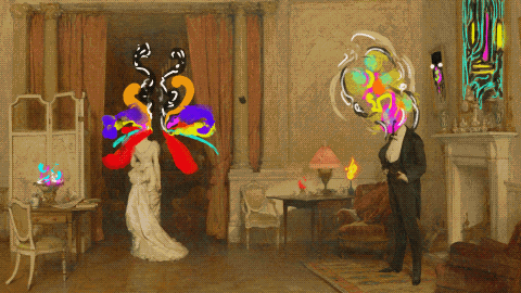 reinterpretation of The First Cloud by W.Q. Orchardson, exploring the impermanence of the human condition through the metaphor of ephemeral butterflies and unpredictable clouds.