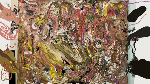 An abstract digital artwork titled 'Contemplation Intuitive: Xanthopsia 188.' The piece features a complex, textured layering of organic shapes and digital 'decay' effects. Dominated by shades of yellow, ochre, and deep shadow, the composition evokes a sense of distorted vision and biological entropy. Exhibited at the Wrong Gallery in Marfa, Texas, for the PROTOCOL DECAY showcase.