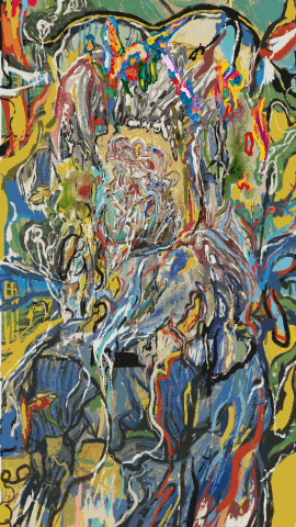 A digitally altered painting features a cloaked figure standing in a pastoral landscape with a flock of sheep. The scene is bathed in warm, golden light from a setting or rising sun. Ethereal, glowing symbols and abstract shapes, resembling flames or arcane markings, overlay the image, adding a mystical, surreal quality. The figure's face is partially obscured, contributing to an enigmatic atmosphere. The artwork blends classic realism with digital fantasy elements, evoking themes of mystery, folklore, or tarot symbolism.