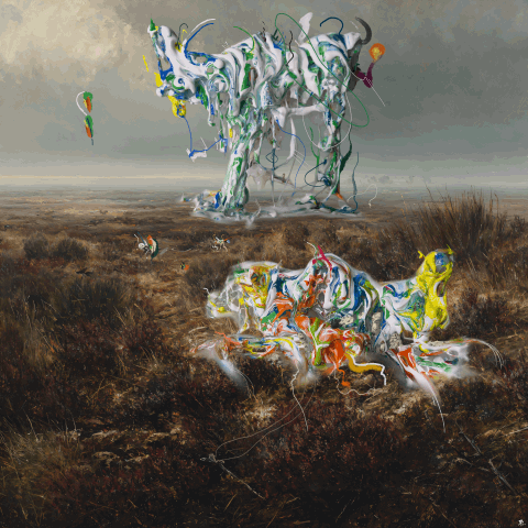 Network Creature a captivating and surreal contemporary digital art piece from the Creature Network collection. This atmospheric, layered artwork, conceptualized as an organic manifestation of data, features two large, vibrant, fluid-form sculptures representing network creatures set within a classic, autumnal European heathland under a brooding sky. The larger sculpture, predominantly white with intricate swirls of cool green and blue, and small yellow accents, hovers above the distant horizon. The smaller horizontal sculpture, a dense tangle of warm-colored orange, yellow, and red, rests in the foreground brush. Small abstract filiform elements float near both sculptures. Merging classic landscape painting with cutting-edge digital technology and generative art principles, this unique piece is a signature work from the artist behind Creature Network. Perfect for contemporary art collectors and galleries seeking avant-garde French digital and generative art. Optimized for search and art collectors looking for innovative European conceptual art by Treeskulltown