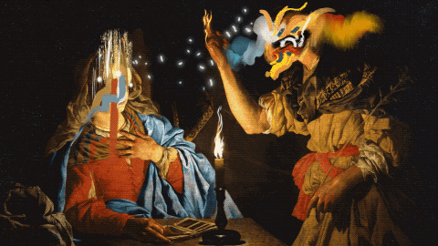 A digital surrealist animation titled 'There was a time when we were form.' The scene shows two classical figures by candlelight in a dark room. The figure on the left has their face obscured by a vertical red bar and shimmering white light, while the figure on the right has their head transformed into a chaotic explosion of yellow, orange, and blue digital brushstrokes. Featured at the Subjective Art Festival, Lume Studio NYC.