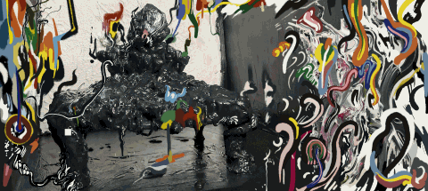 A complex mixed-media artwork featuring a central dark, amorphous sculpture that appears glossy and viscous, resembling a melting organic mass or tar-like creature on four legs. The sculpture sits on a reflective black surface against a background split between a textured white wall on the left and a dark shadow on the right. The physical image is heavily overlaid with vibrant, chaotic digital illustrations in the style of graffiti or abstract doodles. These colorful squiggly lines—in shades of red, yellow, blue, green, and pink—swirl around the perimeter and overlay the sculpture, creating a sharp contrast between the somber, heavy 3D object and the playful, frenetic 2D digital strokes.