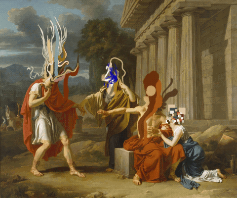 The image is a digital artwork that blends classical and modern elements. It features a reimagined scene reminiscent of ancient Greek or Roman art, with a group of four figures interacting in a grand, outdoor environment. 
- Setting: The background shows a dramatic landscape with mountains in the distance and ancient stone architecture, possibly a temple, adding a sense of historical significance.
- Figures: 
  - Left Figure: A man dressed in a flowing red cloak gestures emphatically, engaged in conversation. His head is replaced with abstract, colorful hair-like forms.
  - Middle Figure (Center): Another man, also in ancient garb, reaches out with one hand towards the left figure, suggesting a moment of dialogue or negotiation. His head is similarly transformed with bright, swirling colors.
  - To the Right (Nearer): A seated woman, draped in a blue and white robe, looks on. Her head is obscured by a mix of digital noise and patterns, introducing a contemporary twist to her traditional attire.
  - To the Far Right: A female figure is partially visible, with indistinct features, sitting and appearing contemplative while holding an object in her lap.
- Artistic Style: The overall composition juxtaposes classical techniques with digital manipulation, creating a surreal atmosphere. The use of color and form gives the figures an ethereal quality, blurring the lines between realism and abstraction.
- Mood and Theme: The scene conveys a sense of depth in conversation or interaction, reflecting themes of communication across time. The combination of historical references with modern digital elements invites viewers to contemplate the relationship between tradition and contemporary expression.
This artwork creatively invites viewers to engage with the intersection of past narratives and present artistic practices.