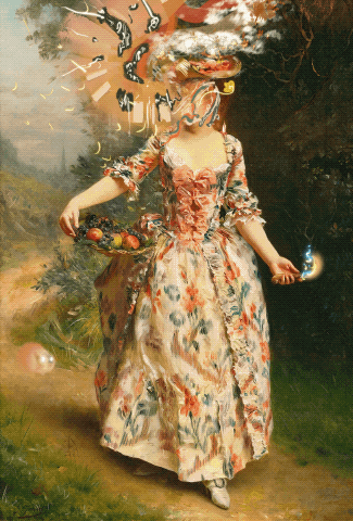 Digital mixed-media animation from the `Unity of Line´ collection on Foundation, featuring a surreal reimagining of a Rococo-style oil painting. The central figure is a woman in an ornate, floor-length 18th-century floral gown with pink ribbon stays, standing in a lush, hazy pastoral landscape. She carries a basket of ripe fruit in one hand and holds a glowing blue mystical flame in the other. Her head and face are obscured by a dynamic explosion of abstract digital elements, including hand-drawn black ink squiggles, vibrating white cloud-like forms, and a radiant golden halo of light.

A translucent pink orb with two glowing eyes floats in the grass at her feet. The animation utilizes a rhythmic, flickering motion—reminiscent of film grain and digital glitch art—creating a juxtaposition between classical European fine art and contemporary experimental motion graphics. The color palette blends the earthy greens and creams of the original painting with high-contrast neon accents and glowing light effects.