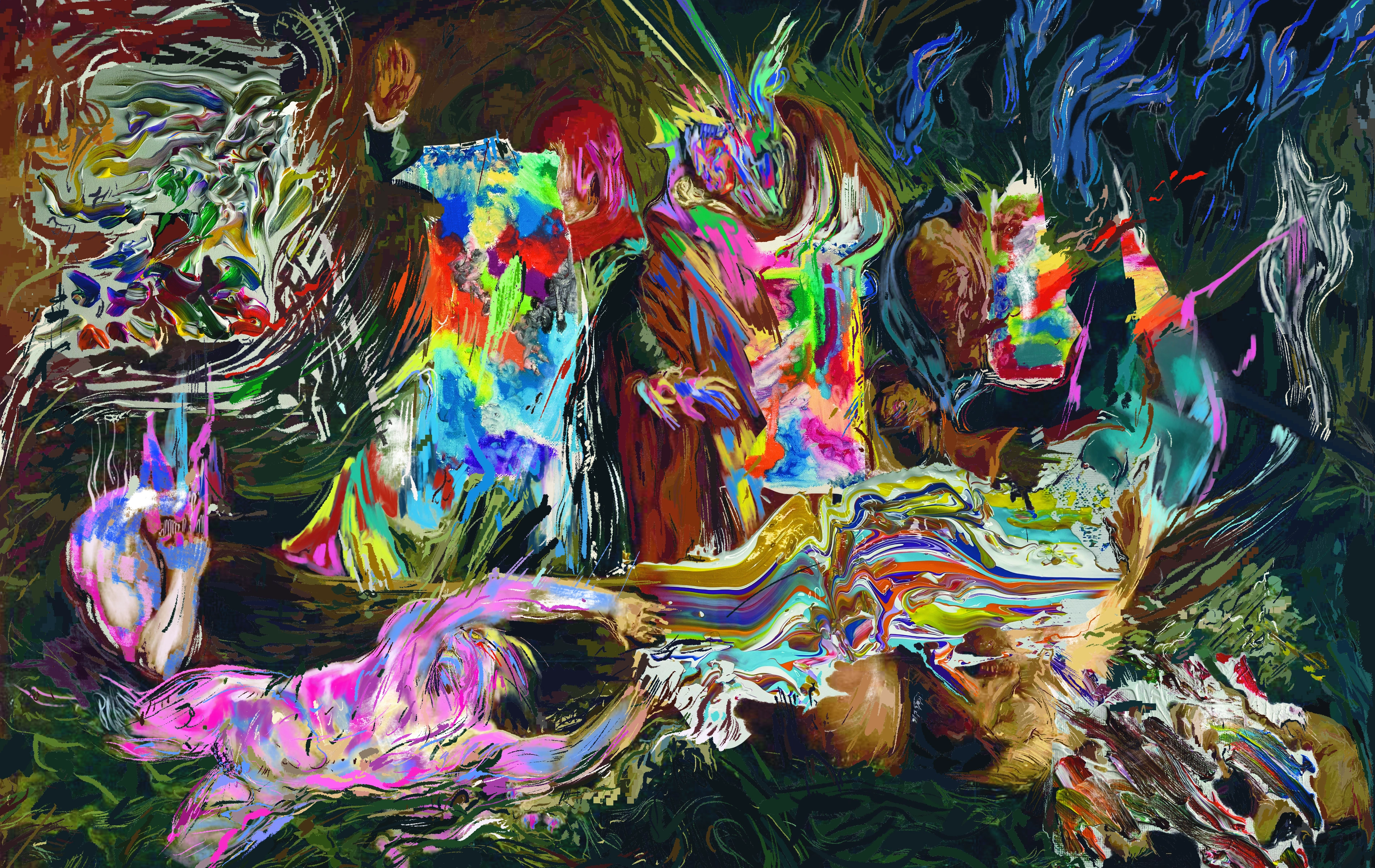 `The Rite of the Pixel,´ a surreal digital artwork featured in the Teia – Open Call Selection `Unique ingredients´ Art On Tezos / Berlin 6 to 8 November 2025. The piece presents a dramatic reinterpretation of a classical lamentation scene, heavily distorted by glitch aesthetics, pixel sorting, and vibrant chromatic aberrations. Figures are rendered in a chaotic blend of dark painterly strokes and bright neon explosions of electric pink, cyan, and yellow, merging traditional composition with modern digital noise. View the NFT on Tezos: https://teia.art/objkt/873310